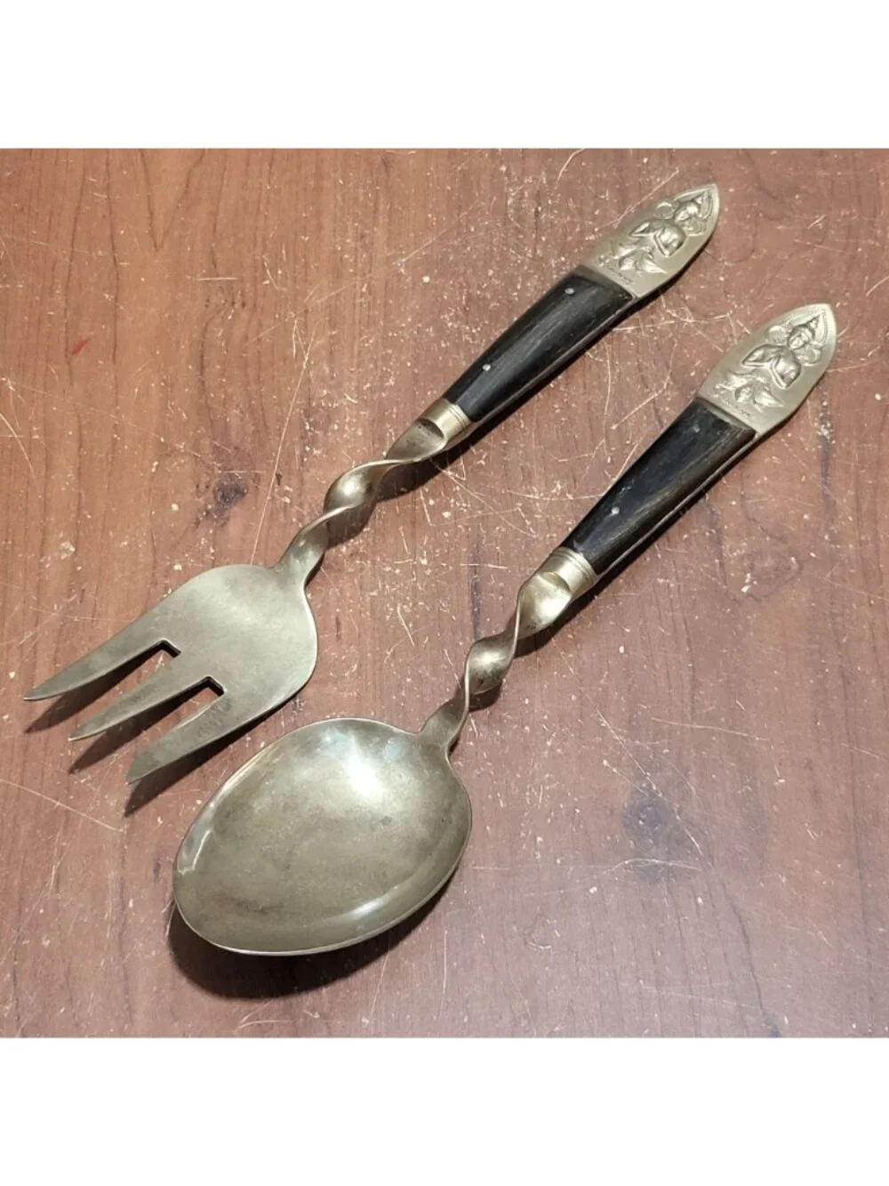 VTG Flatware Salad Servers Brass Bronze Thai Dancer Buddha Motif Stamped S Thail